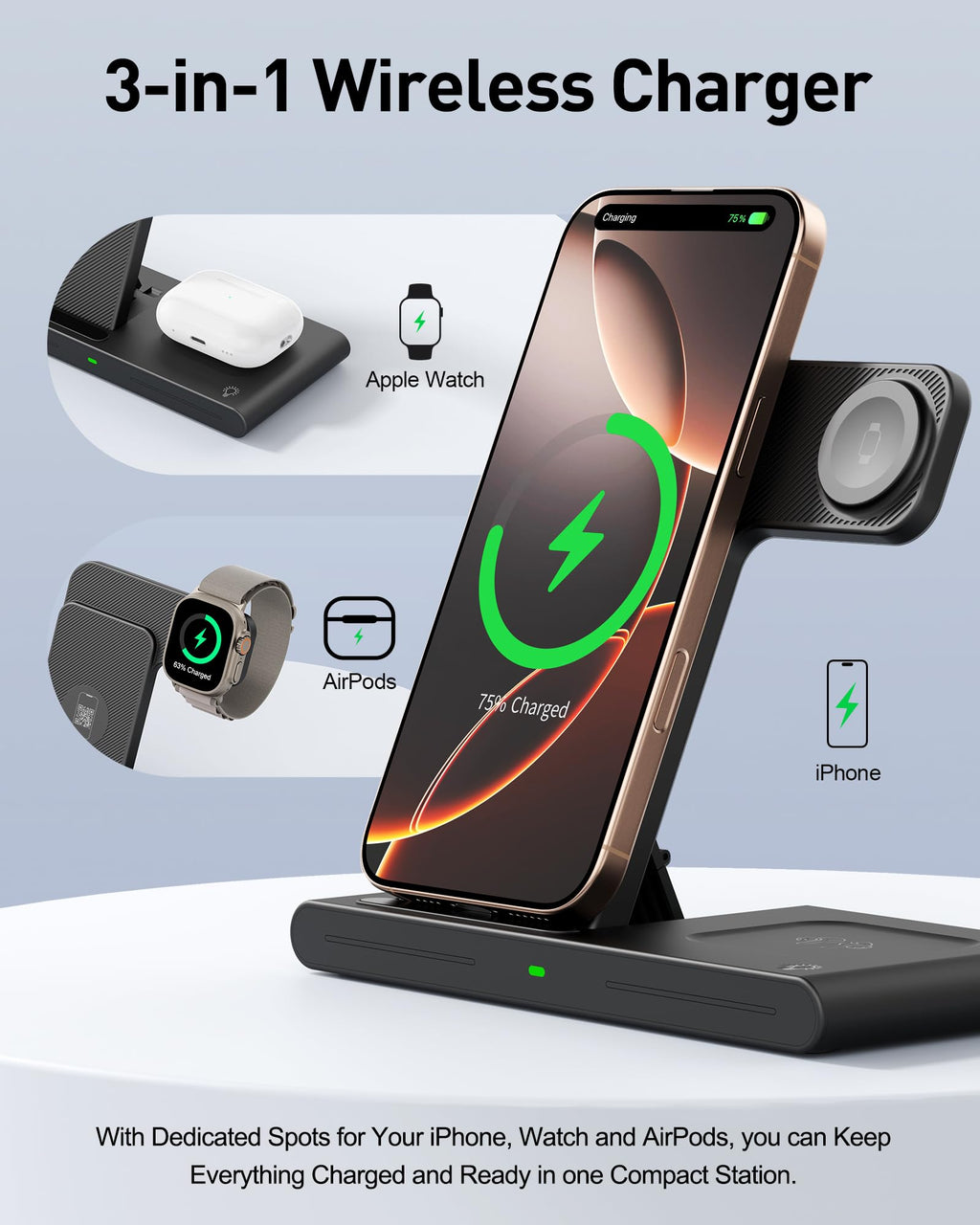 Travel Portable Wireless Fast Charger For Apple & Android Charging Station,3 In