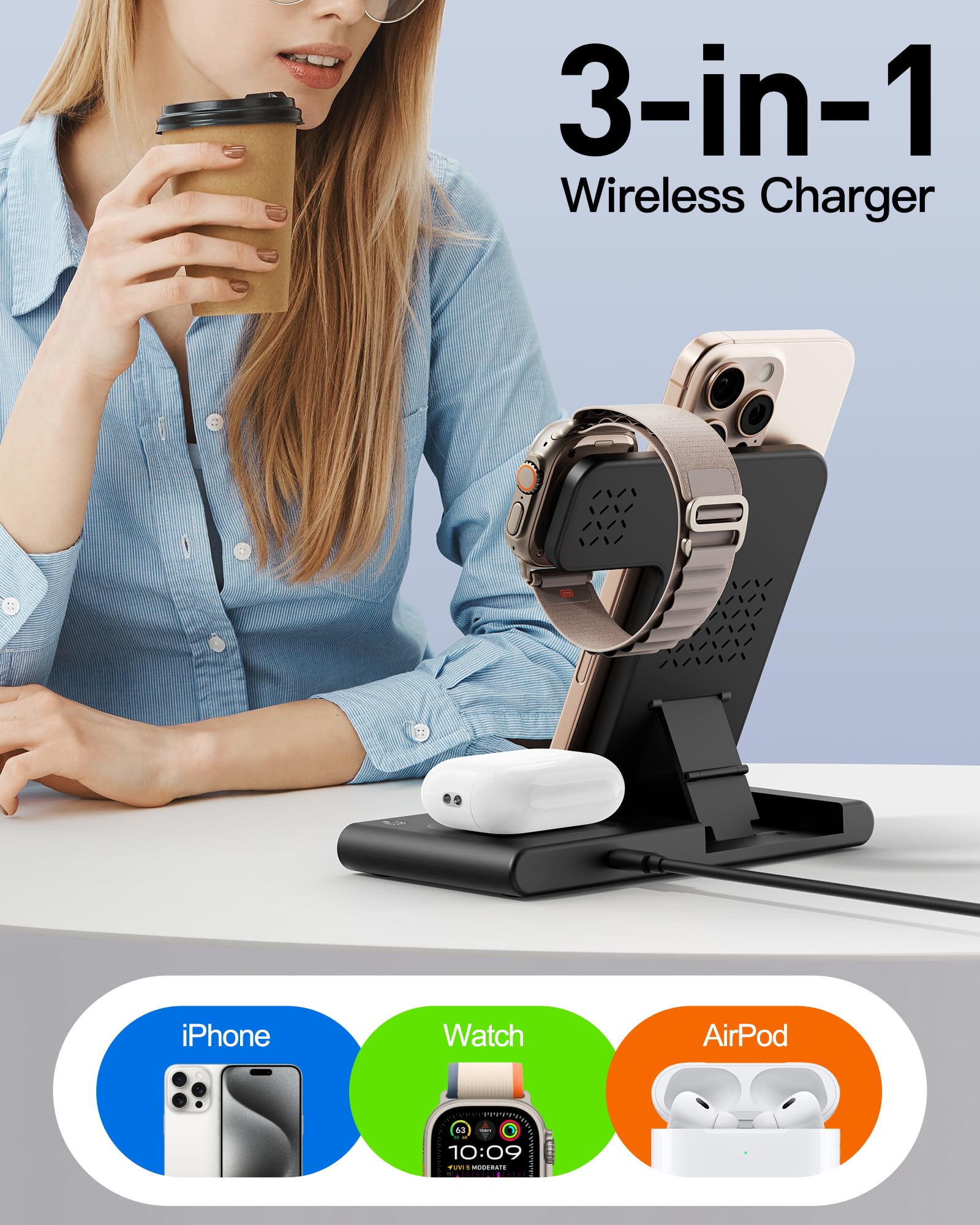 Travel Portable Wireless Fast Charger For Apple & Android Charging Station,3 In