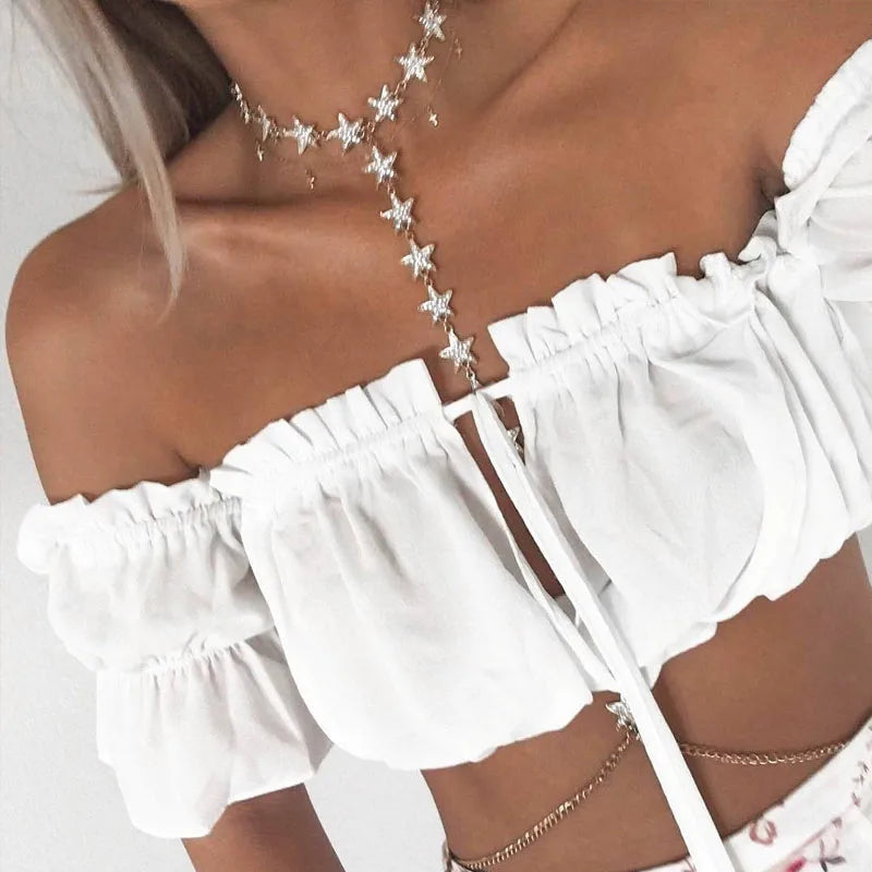 Women Crop Top – Summer Lantern Sleeve Strapless Ruched Beach Tank