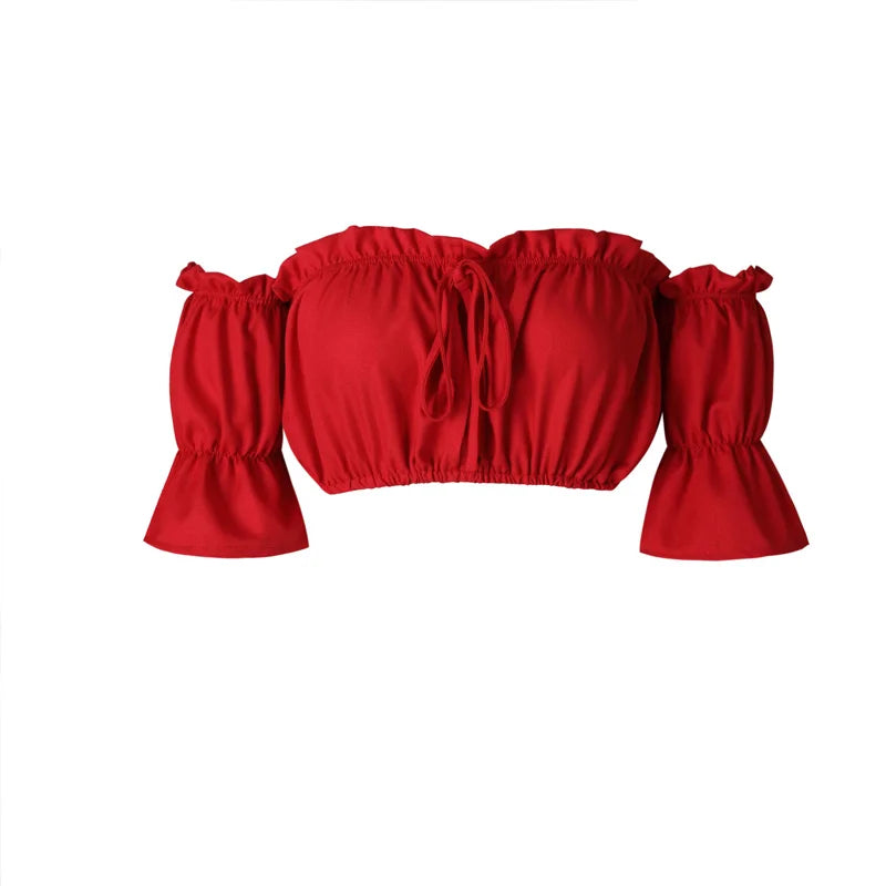 Women Crop Top – Summer Lantern Sleeve Strapless Ruched Beach Tank
