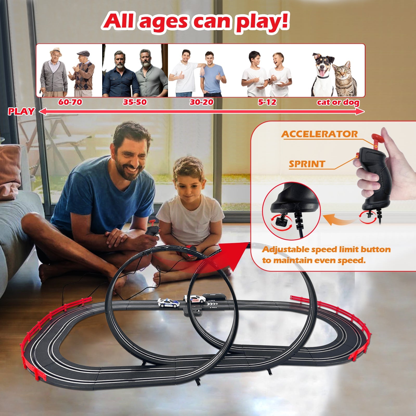 MR-02 Slot Car Racing Set – Deluxe Electric Race Track with 4 Cars & Dual Controllers