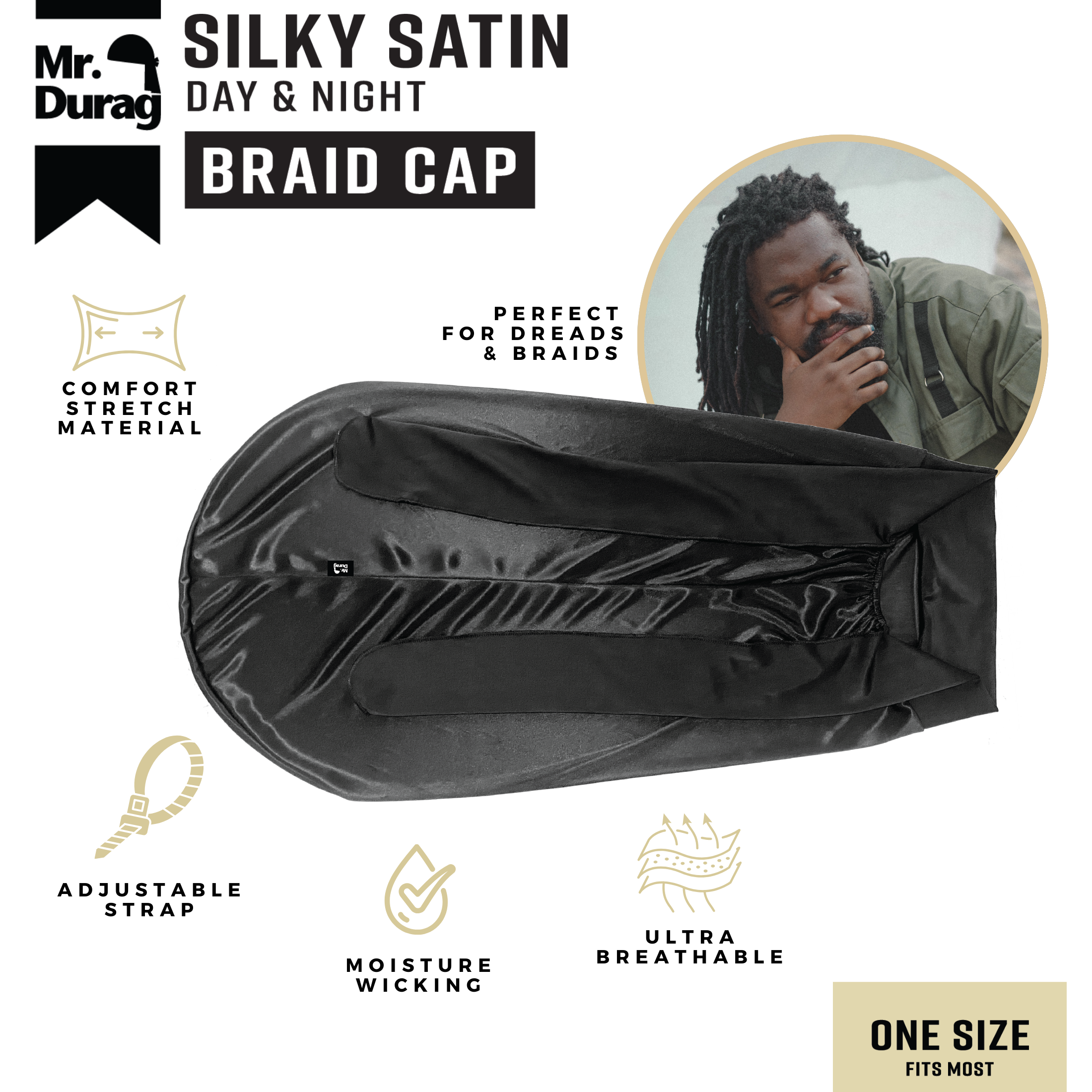 Mr. Durag Silky Satin Strap Day & Night Braid Cap, 1 Count, Black
