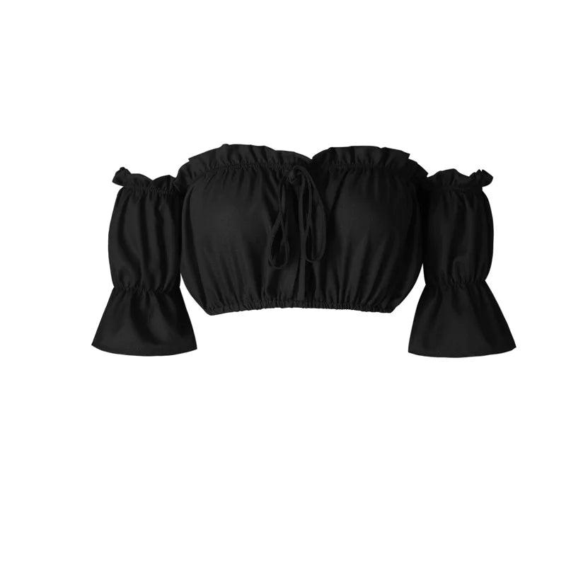 Women Crop Top – Summer Lantern Sleeve Strapless Ruched Beach Top