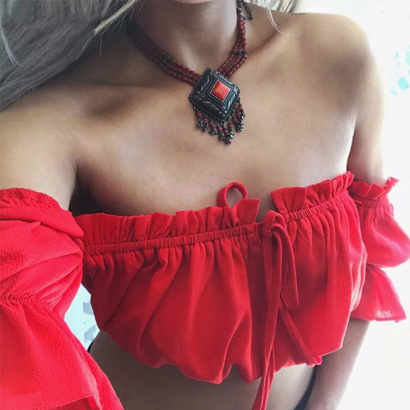 Women Crop Top – Summer Lantern Sleeve Strapless Ruched Beach Top