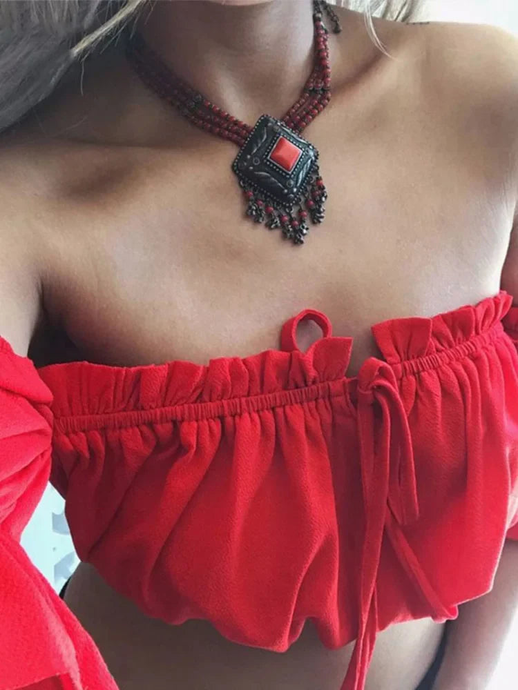 Women Crop Top – Summer Lantern Sleeve Strapless Ruched Beach Top