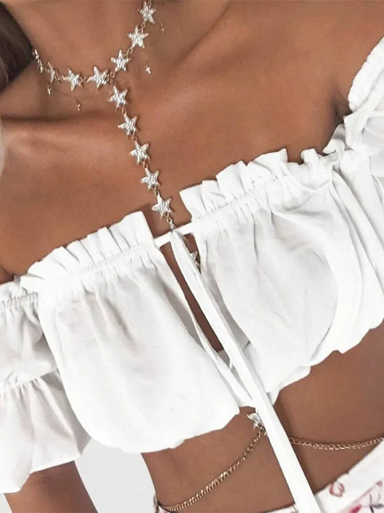 Women Crop Top – Summer Lantern Sleeve Strapless Ruched Beach Top