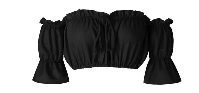 Women Crop Top – Summer Lantern Sleeve Strapless Ruched Beach Top