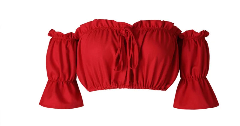 Women Crop Top – Summer Lantern Sleeve Strapless Ruched Beach Top