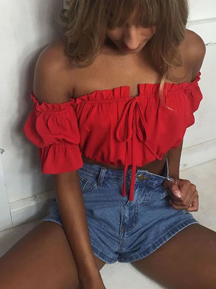 Women Crop Top – Summer Lantern Sleeve Strapless Ruched Beach Top