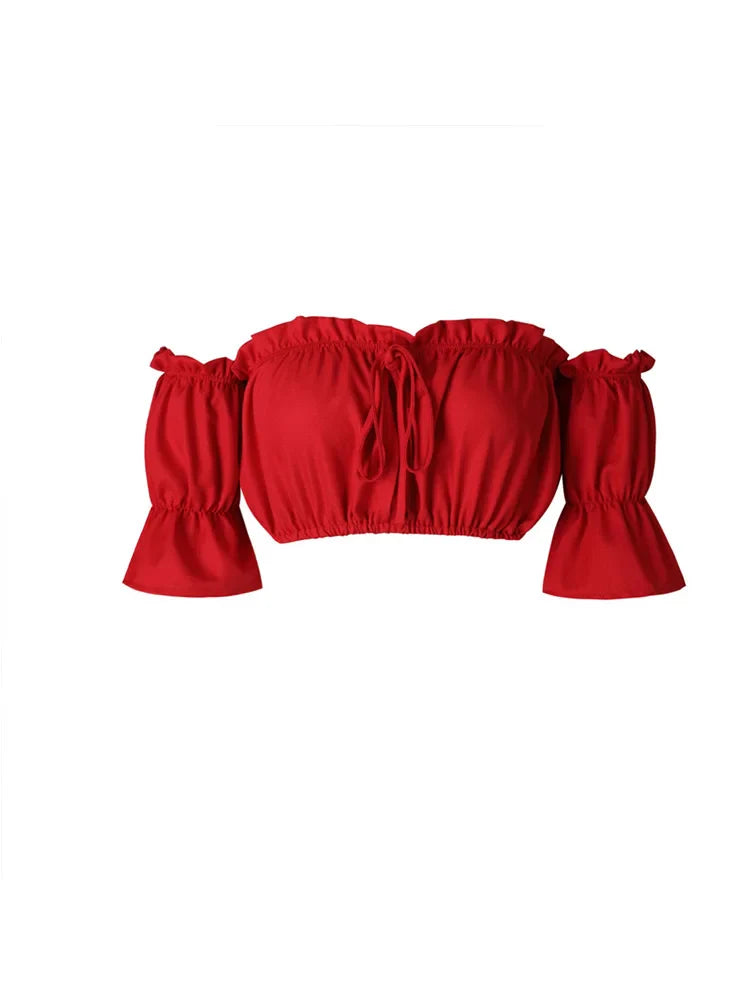 Women Crop Top – Summer Lantern Sleeve Strapless Ruched Beach Top