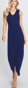NAVY SLEEVELESS V-NECK SOLID MAXI WRAP DRESS