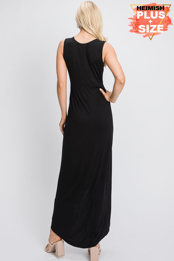 NAVY SLEEVELESS V-NECK SOLID MAXI WRAP DRESS